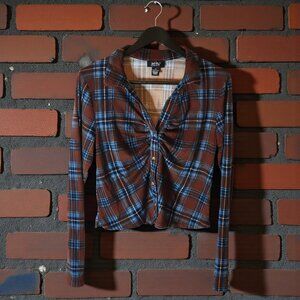 Just Polly Plaid Ruched Front Crop Top Shirt Brown Blue Juniors XL (Fits M)